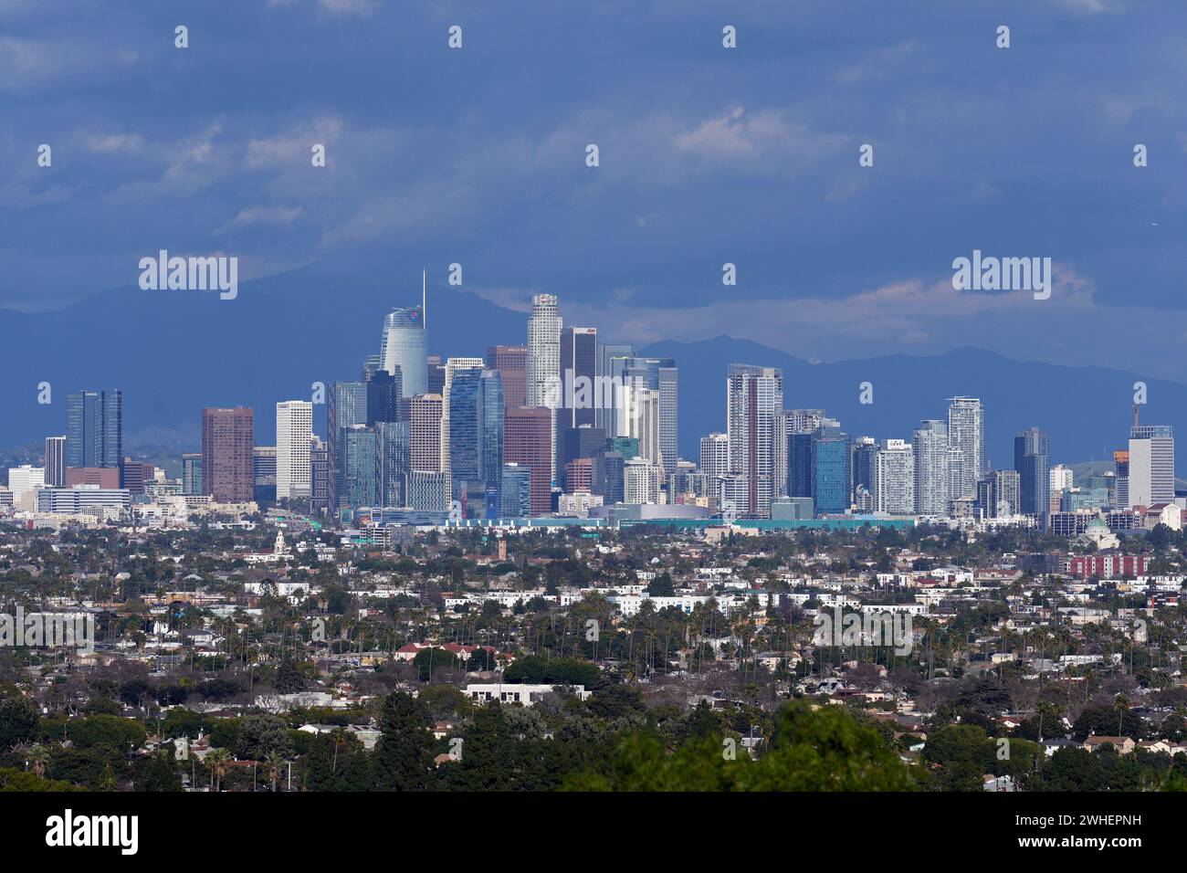 The Los Angeles skyline is seen from a Baldwin Hills overlook Friday