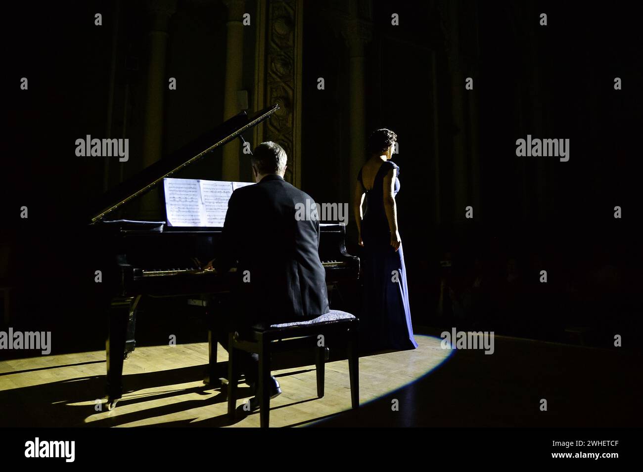Kyiv, Kyiv Oblast, Ukraine. 9th Feb, 2024. Singer Margarita Bilokiz and pianist Igor Riabov perform classical Ukrainian songs. Raising funds to provide vehicles for soldiers, Ukrainian artists perform and auctions goods. (Credit Image: © Madeleine Kelly/ZUMA Press Wire) EDITORIAL USAGE ONLY! Not for Commercial USAGE! Credit: ZUMA Press, Inc./Alamy Live News Stock Photo