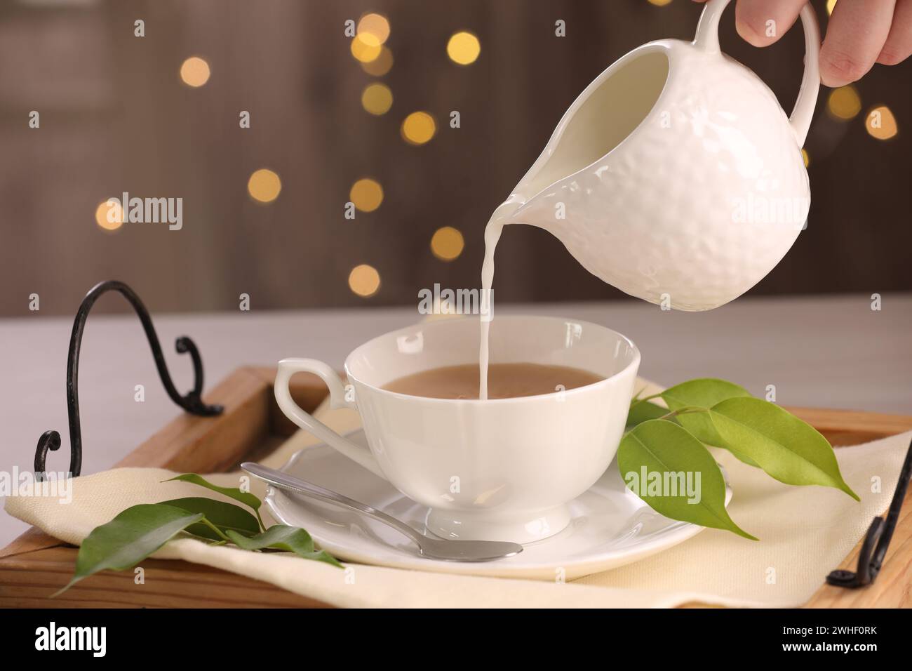 Woman pouring milk into cup with aromatic tea at table, closeup Stock Photo