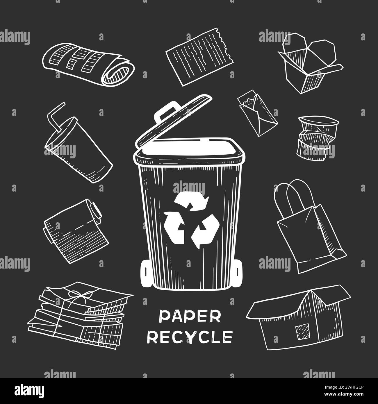 Hand drawn set of trash can. Recycling symbol. Vector illustration