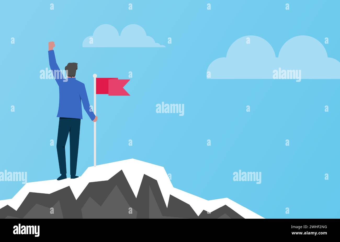 Man holding red flag on top of mountain illustration. Successful ...