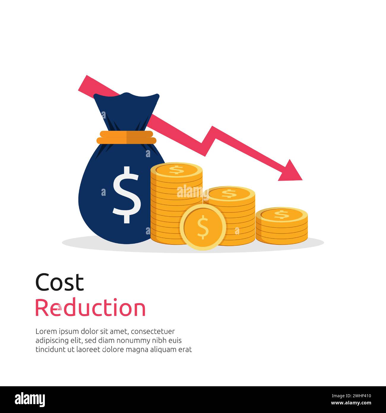 Costs reduction, costs cut, costs optimization business concept. Sack of money and coin stacks symbol with descending curve or arrow vector illustrati Stock Vector