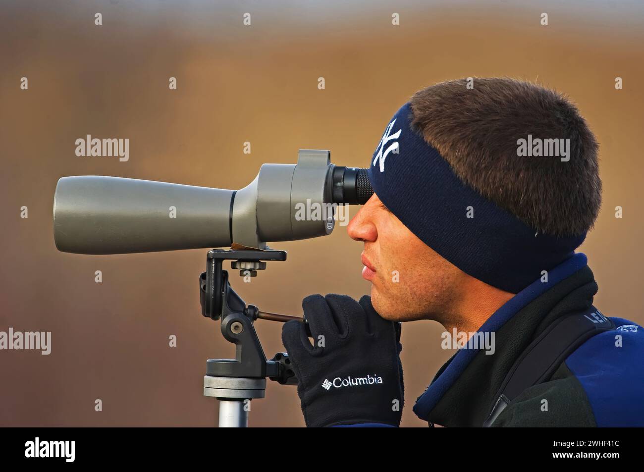 Young birdwatcher looking through spotting scope Stock Photo Alamy