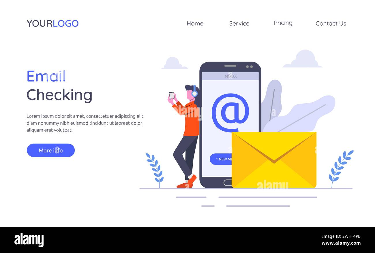 Landing page template of email checking concept with woman character Landing page template of email checking concept with woman character