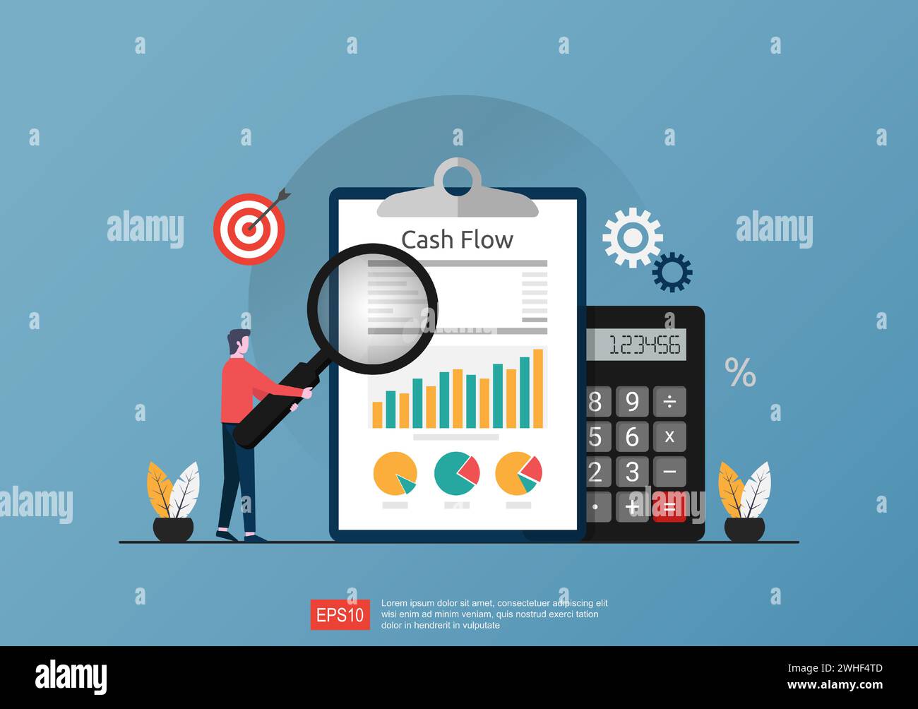Cash flow statement concept with calculator and graph document symbol illustration. Stock Vector