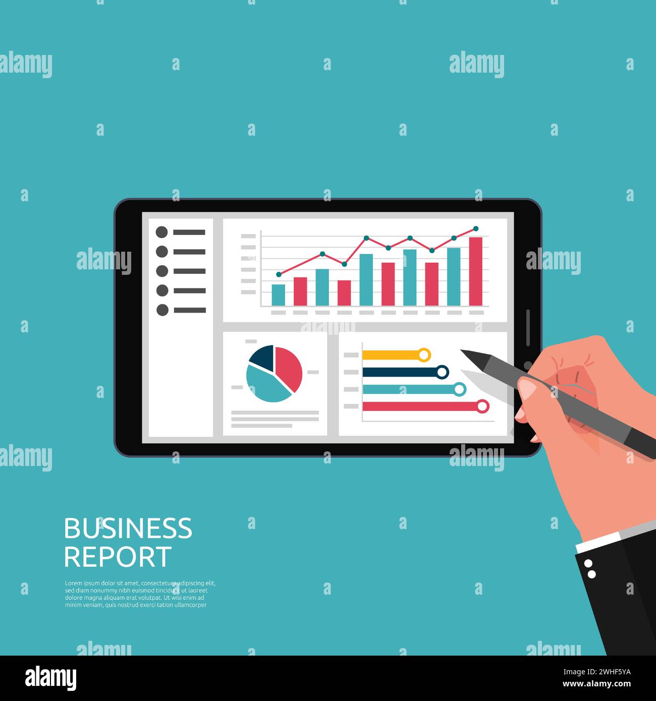 Business report on tablet screen display with hand symbol. Chart