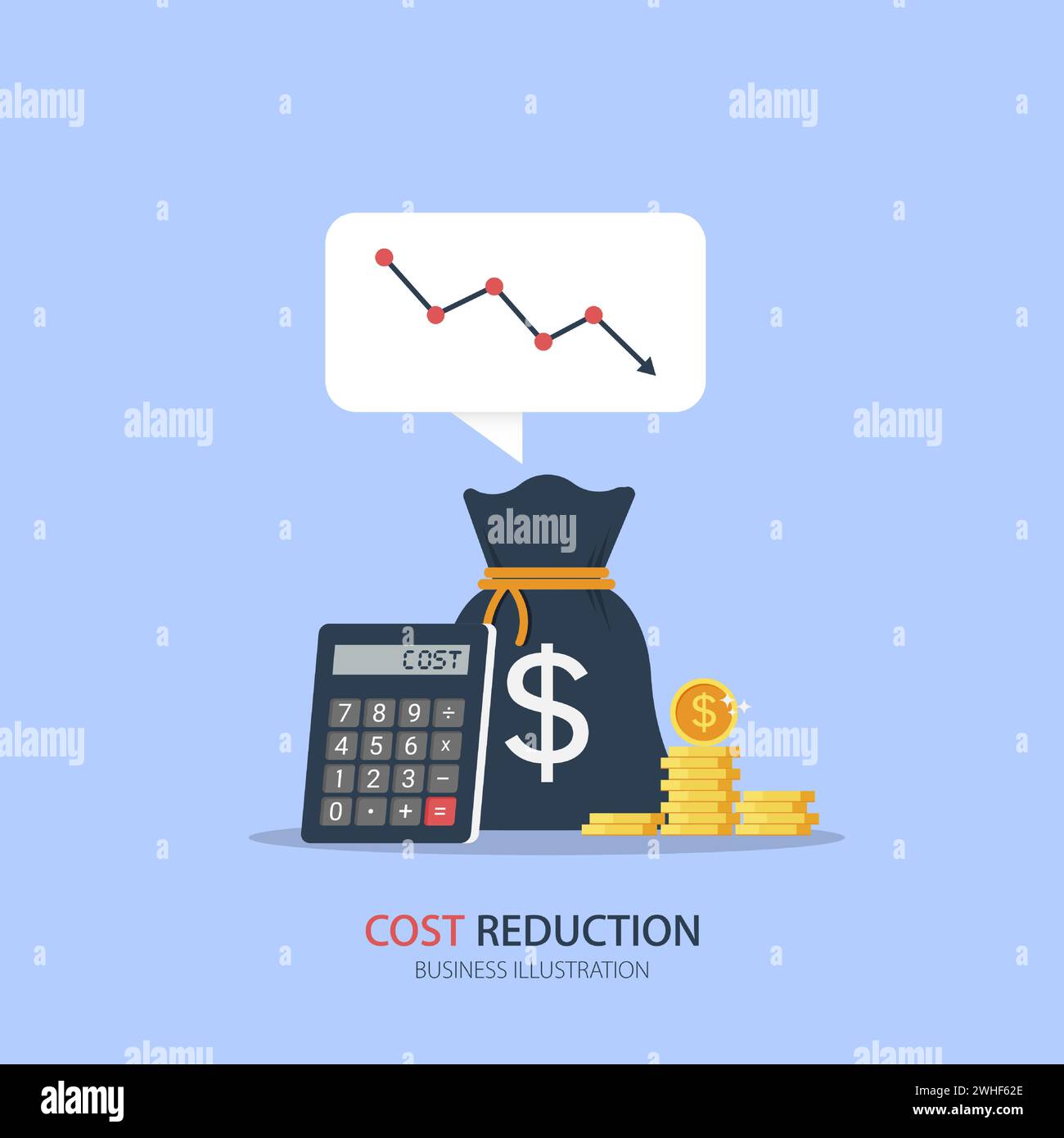 Costs reduction, costs cut, costs optimization business concept. Sack of money, calculator and coins with descending curve or arrow. vector illustrati Stock Vector