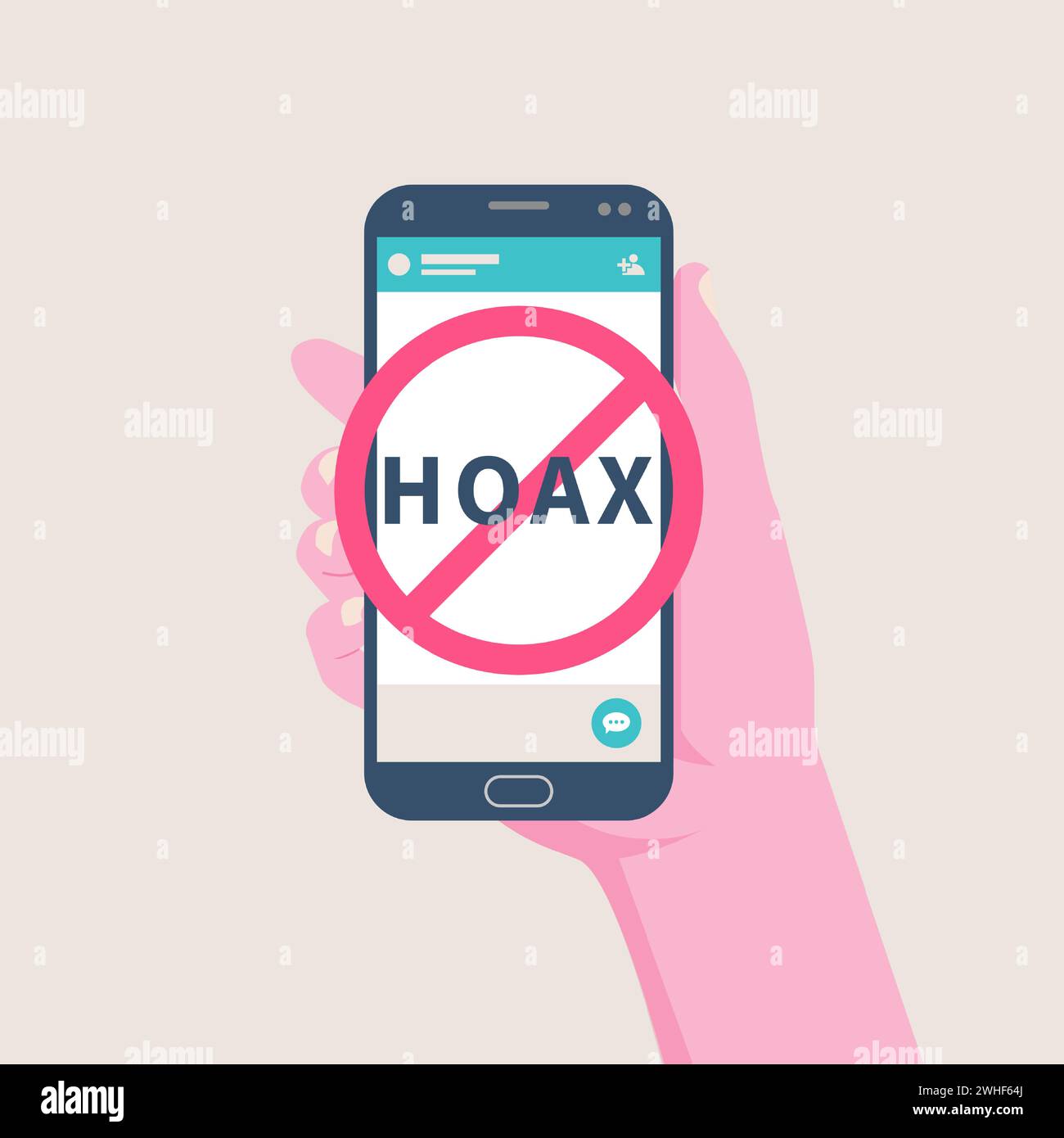 hoax news spread using group chat messaging app smart phone on hands vector Stock Vector