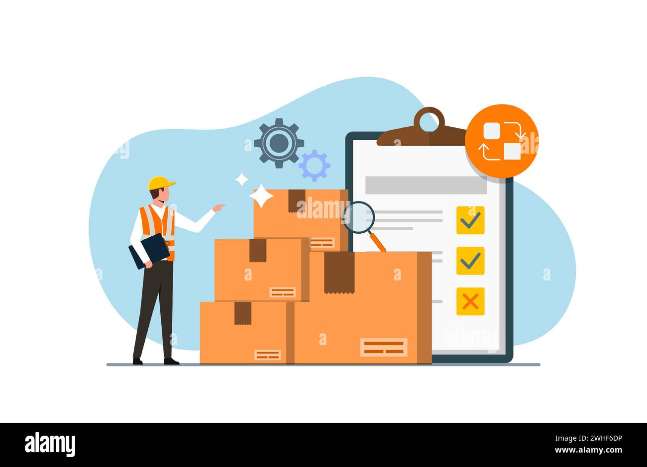 Inventory control system concept, professional manager checking goods and stock supply, Inventory management with goods demand Stock Vector