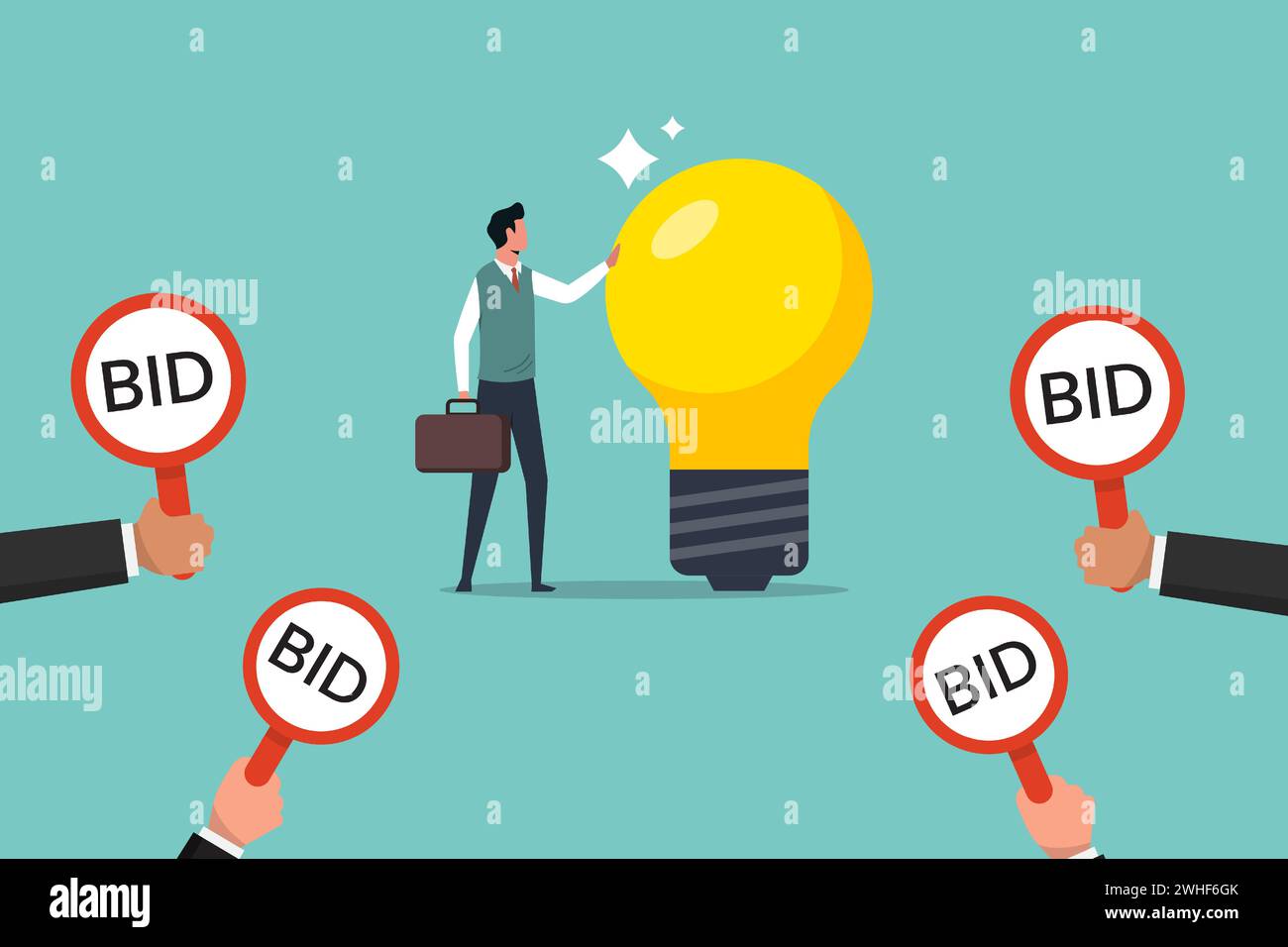 Auctioning bids for new idea technology, patent and innovation concept, Businessmen hold bid signs for auction, competition for big deals Stock Vector
