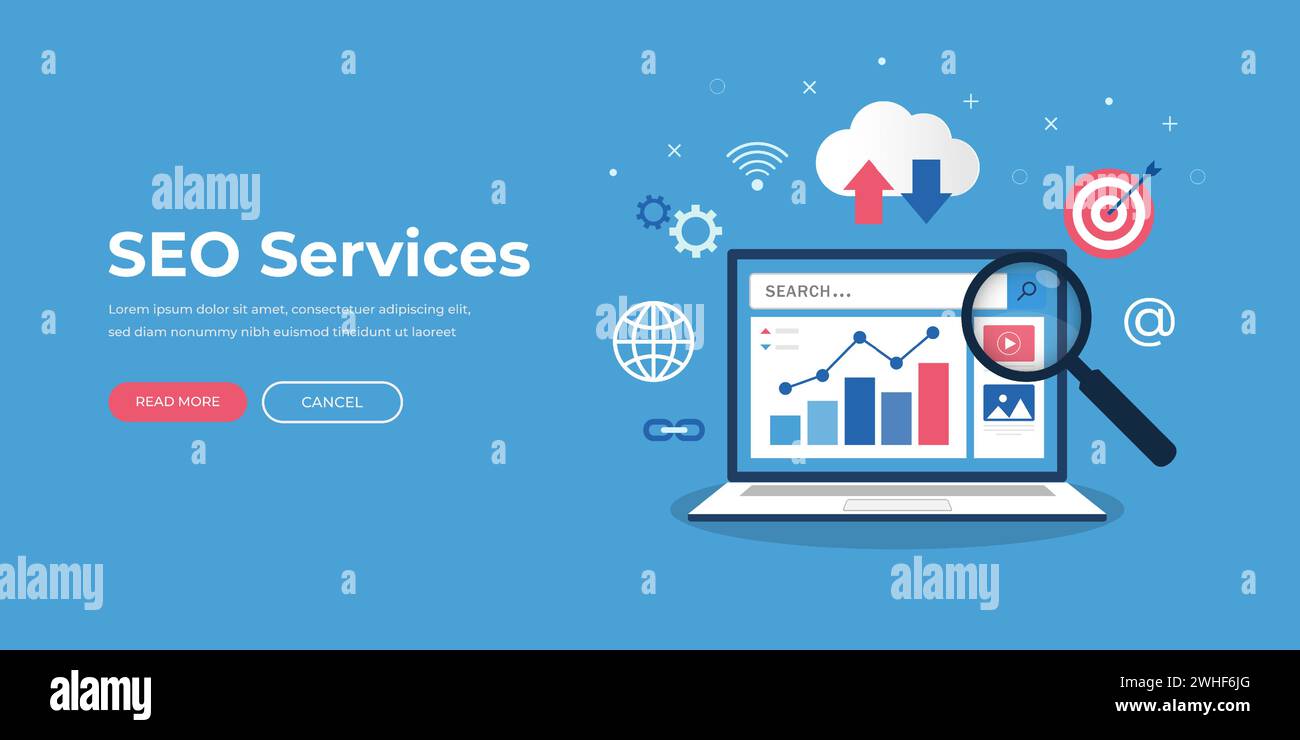 SEO optimization services concept. Search engine optimization strategy. Data analytics. Content development and production. Stock Vector