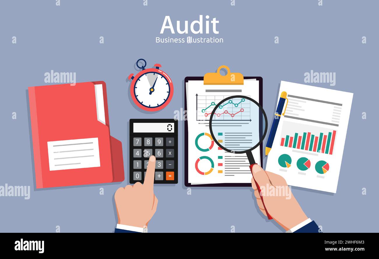 Auditing concepts, Auditor at table during examination of financial report, Research, project management, planning, accounting, analysis, data Stock Vector