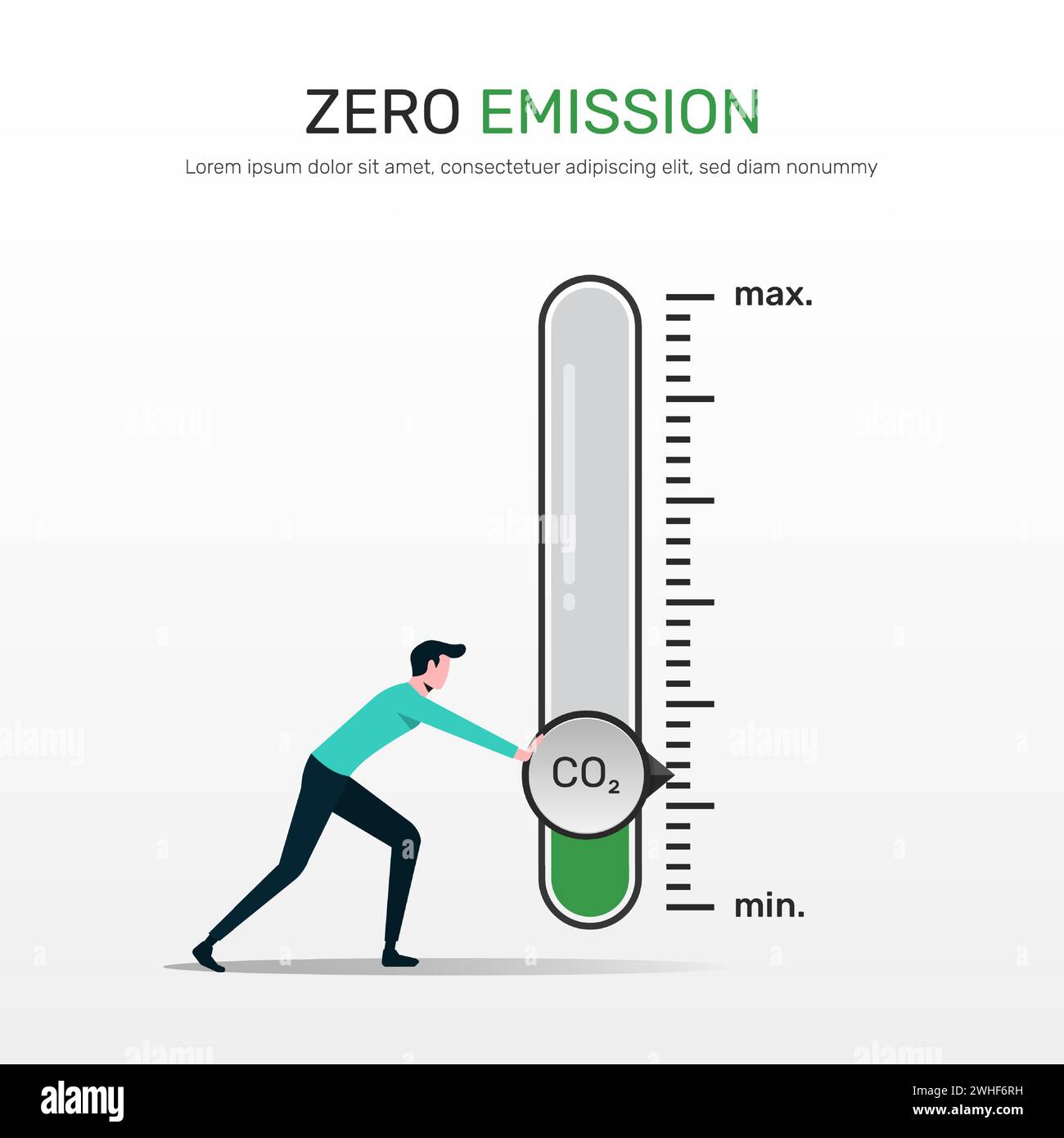 Zero emission concept. A Man turning gauge arrow pointer to lowest level of CO2. New energy to decarbonize industry, energy and transportation Stock Vector