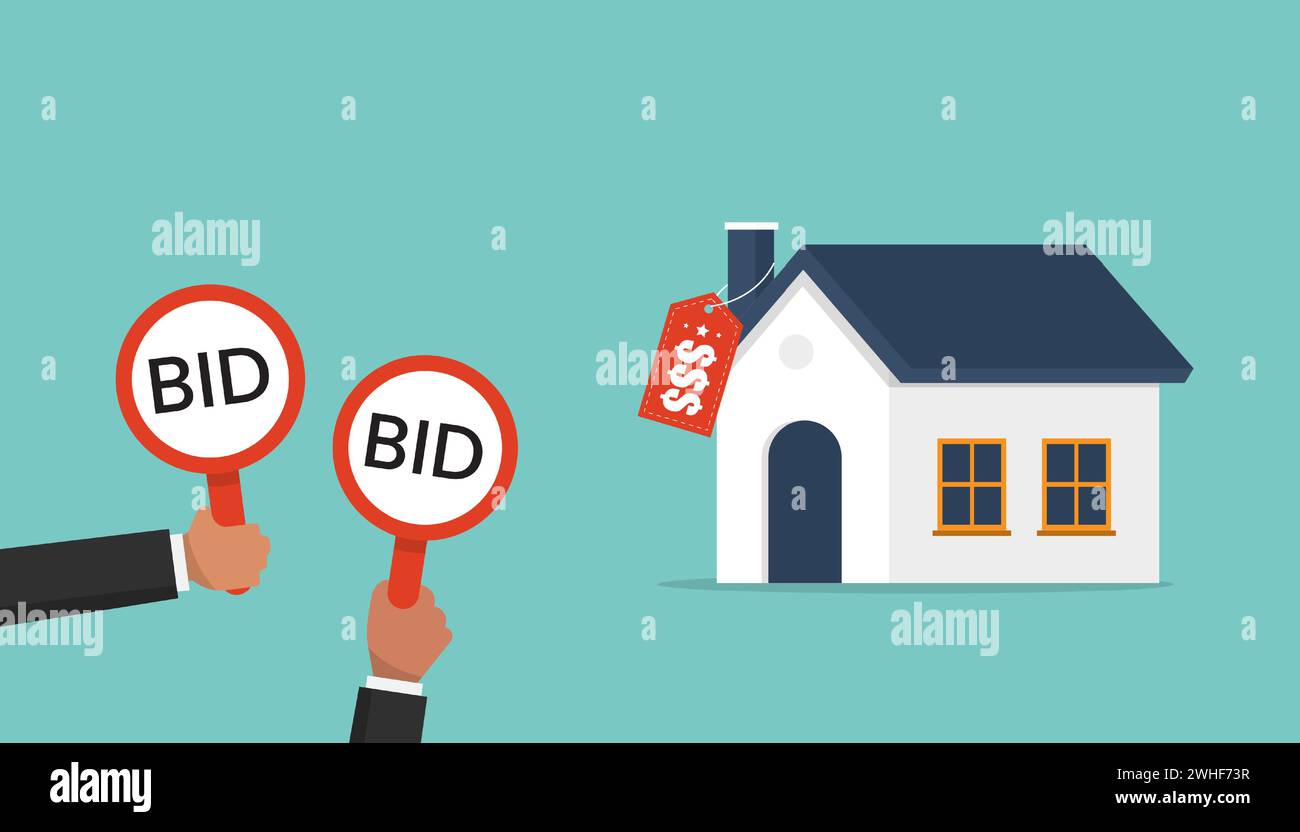 Businessmen hold bid signs for auction a house, buyers place bids, auction and bidding concept Stock Vector