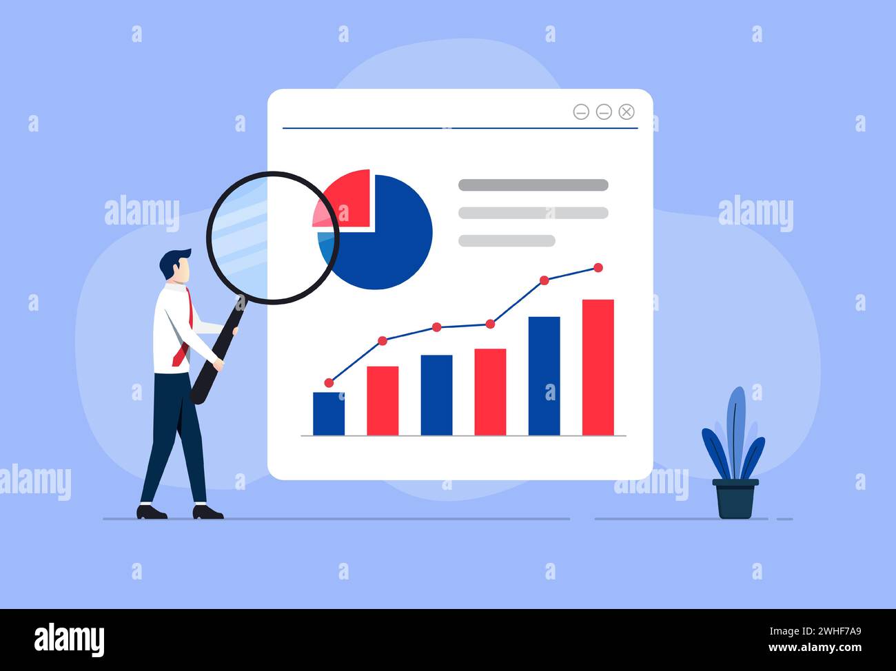 Businessman holding a magnifying glass and graph, reports icon. Data analysis and business analytics concept Stock Vector