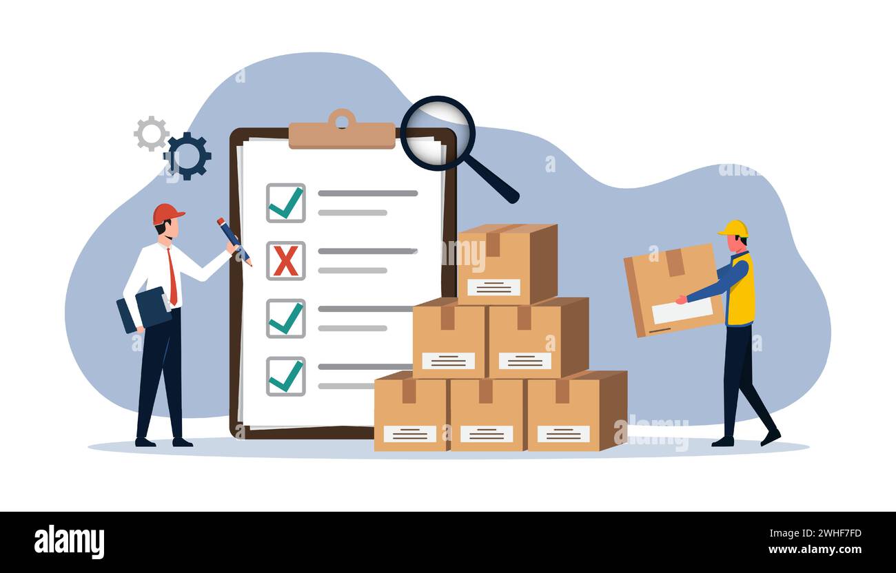 Inventory control system concept, professional manager and worker are checking goods and stock supply, Inventory management with goods demand Stock Vector