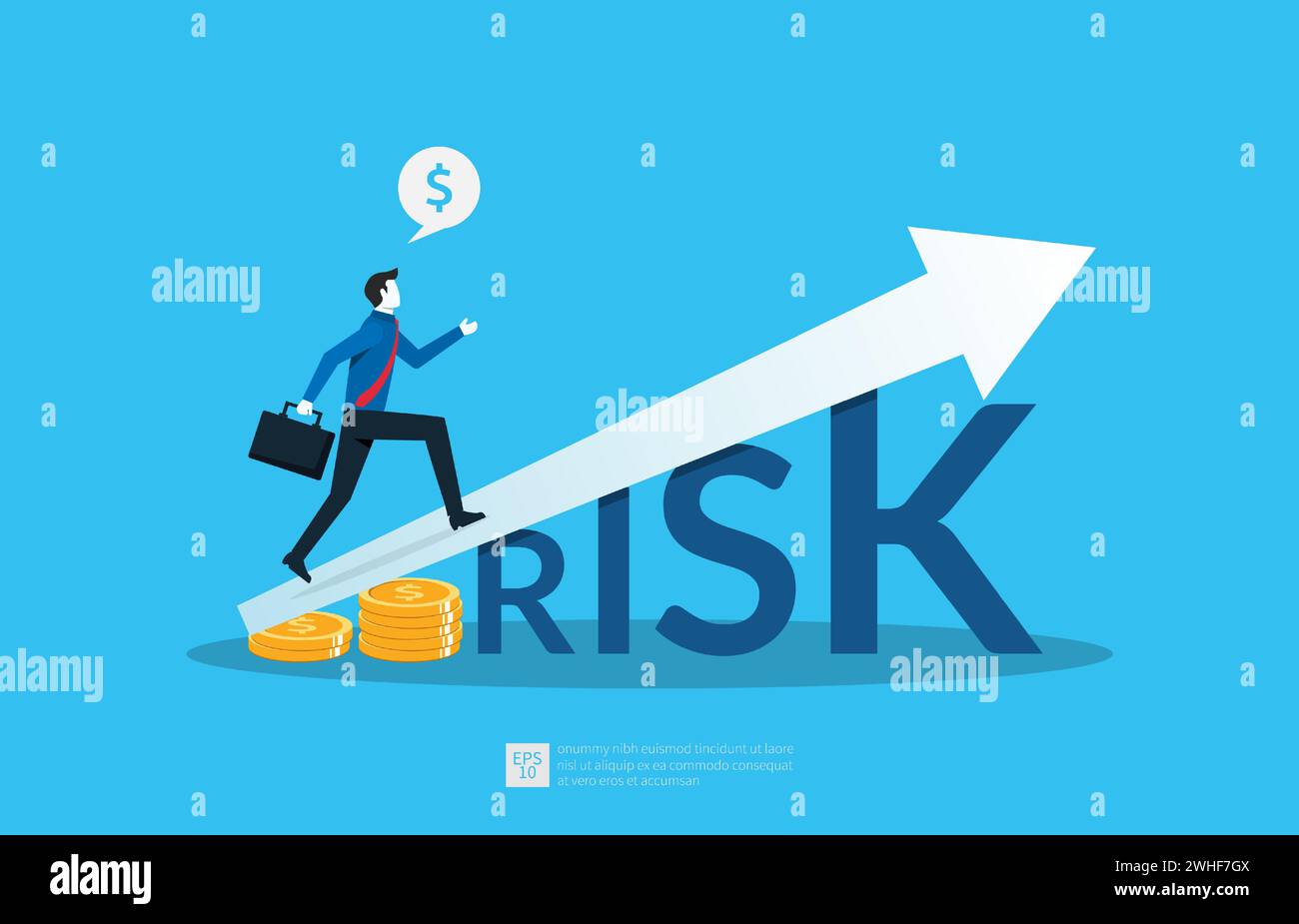 High risk high return concept. Confident smart businessman investor running on grow up stock market graph above word Risk. Stock Vector