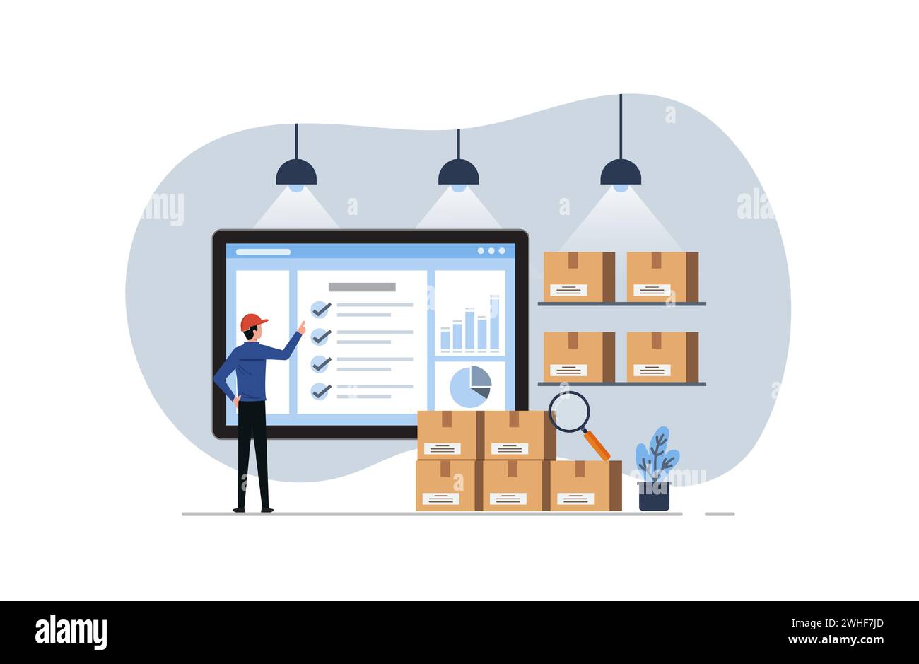 Inventory control by online system, inventory management with goods demand, professional worker is checking goods and stock supply Stock Vector