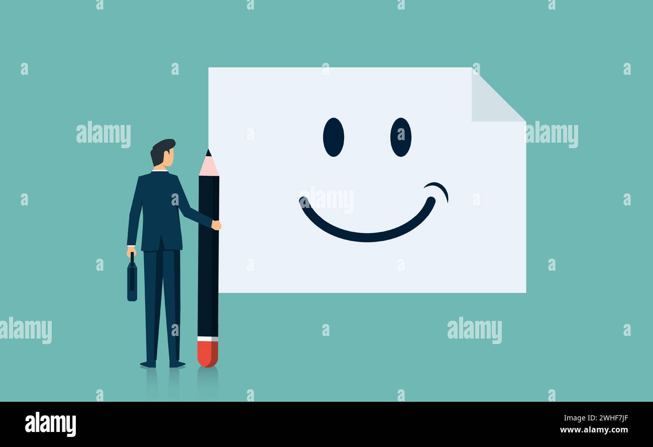 Businessman drawing happy face on white paper on the wall, metaphor vector illustration Stock Vector