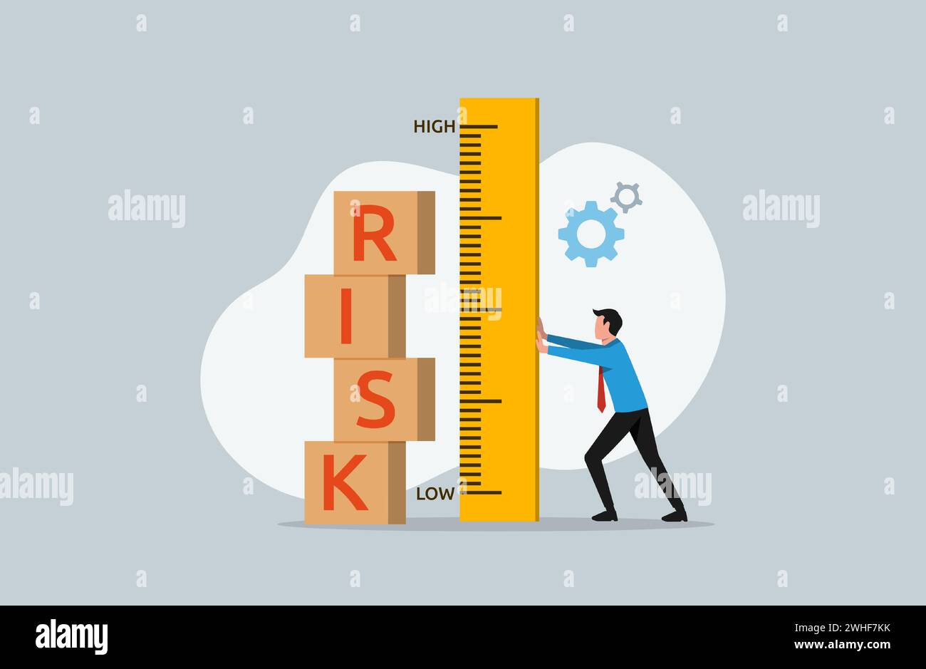 Risk assessment and investigation, analyze potential danger level, businessman measuring risk boxes with ruler symbol Stock Vector