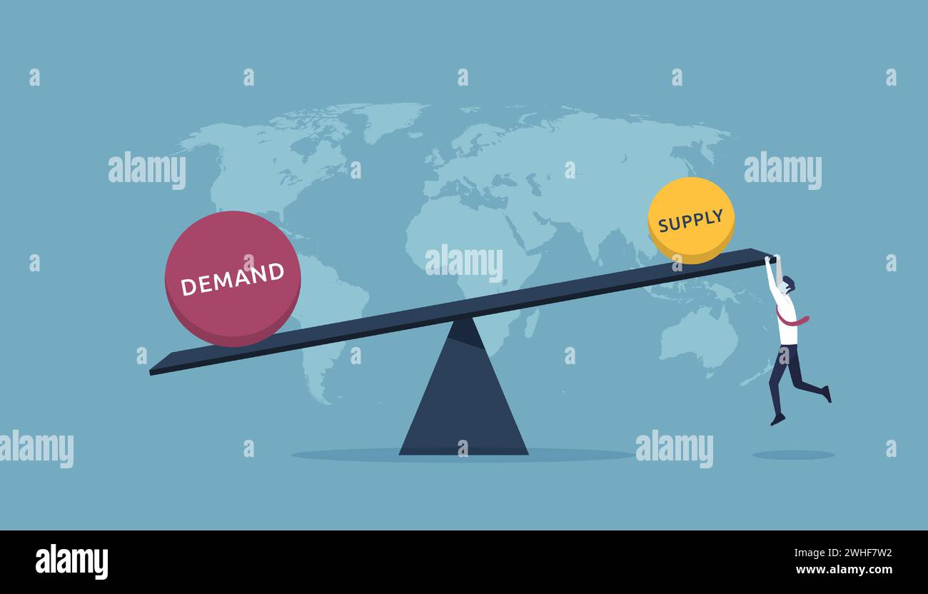 Supply and demand with seesaw showing high demand and low supply, businessman try to make it in balance or equilibrium for global Stock Vector