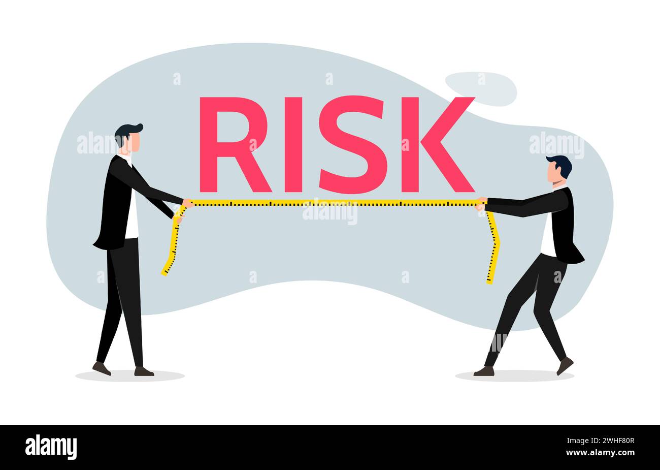 Risk assessment and investigation, analyze potential danger level, two businessmen measure the risk word, risk measurement and weight the risk symbol Stock Vector