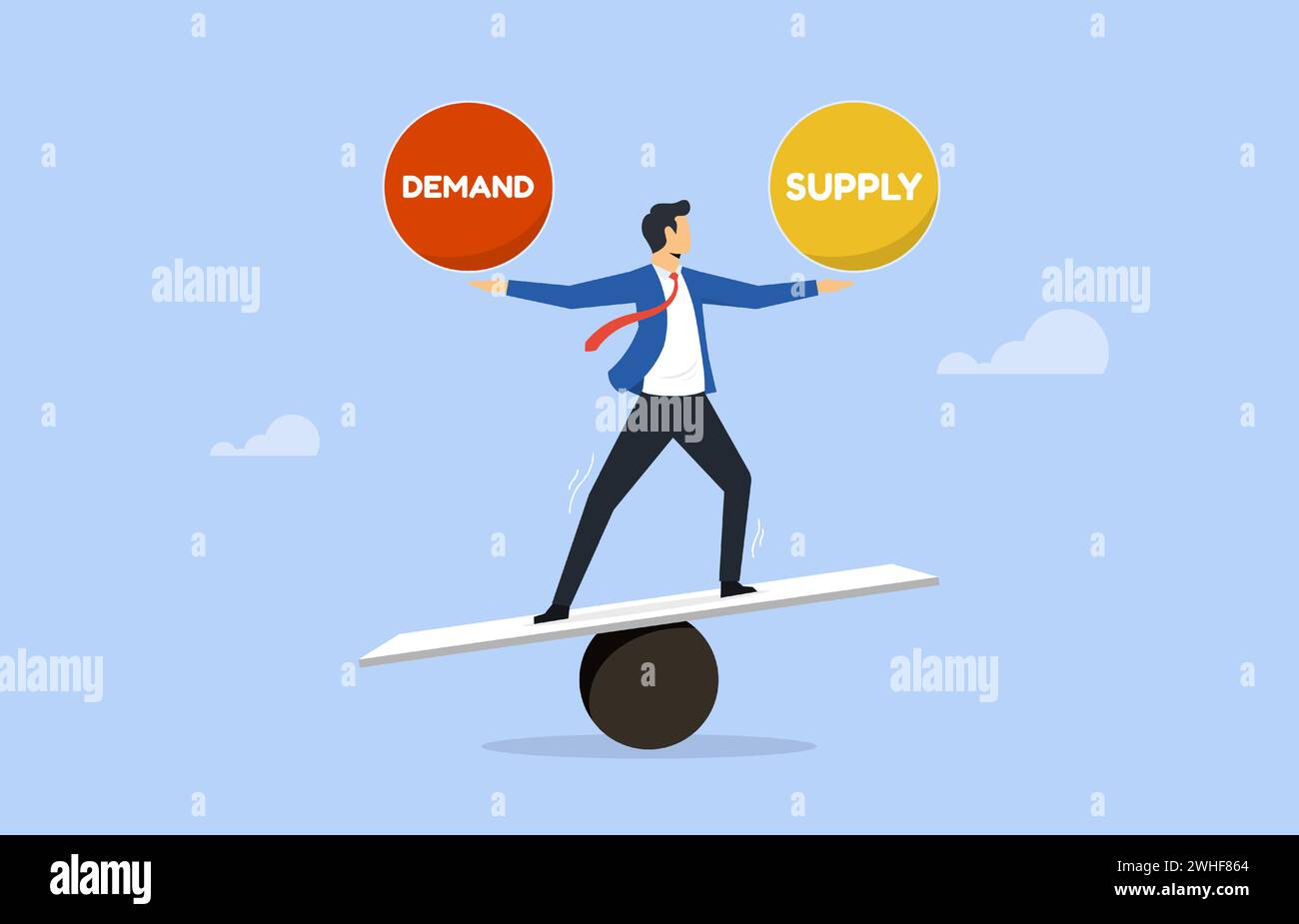 Businessman balancing between supply and demand on the seesaw, marketing equilibrium concept Stock Vector