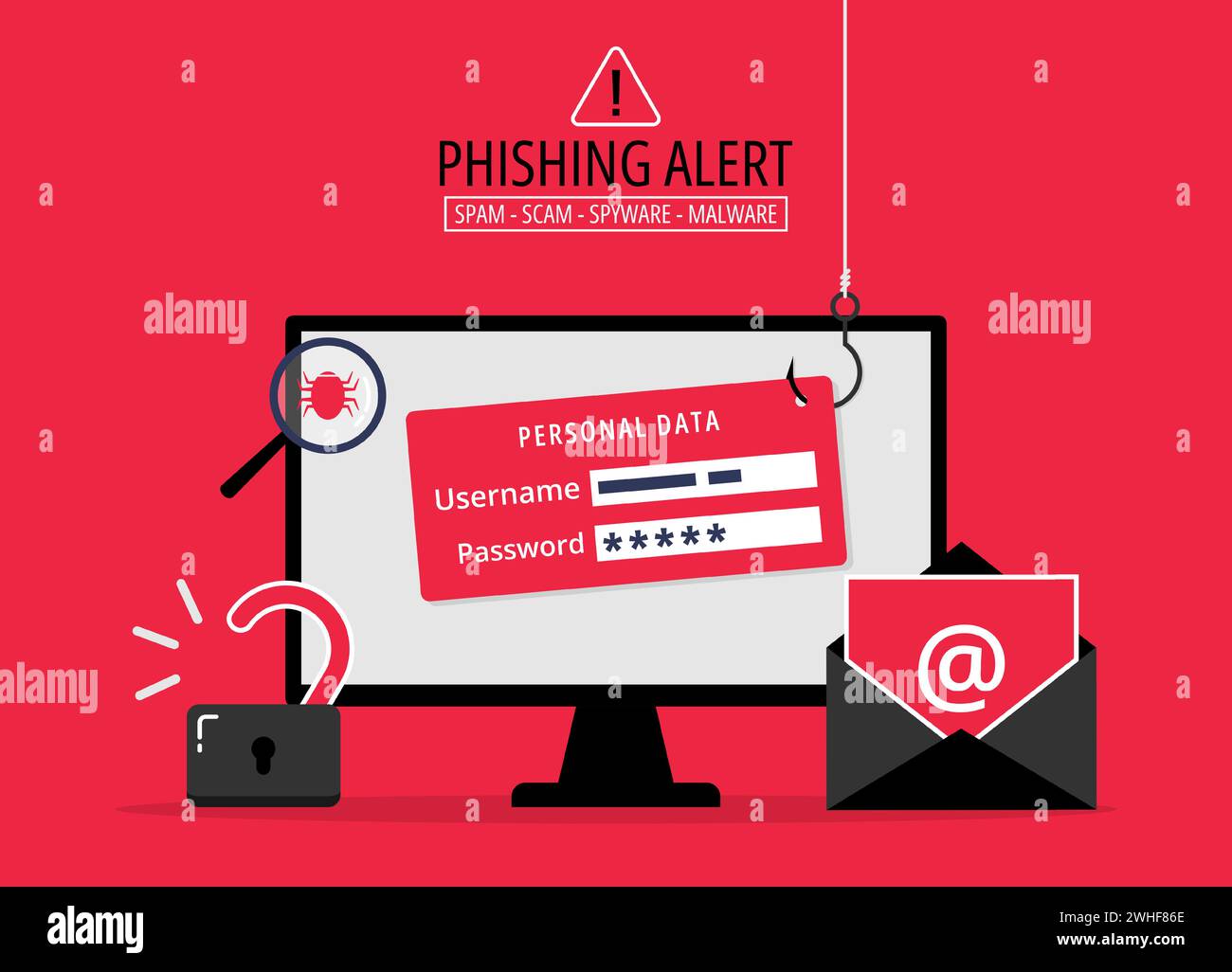 Phishing bait alert concept, login into account email with fishing hook
