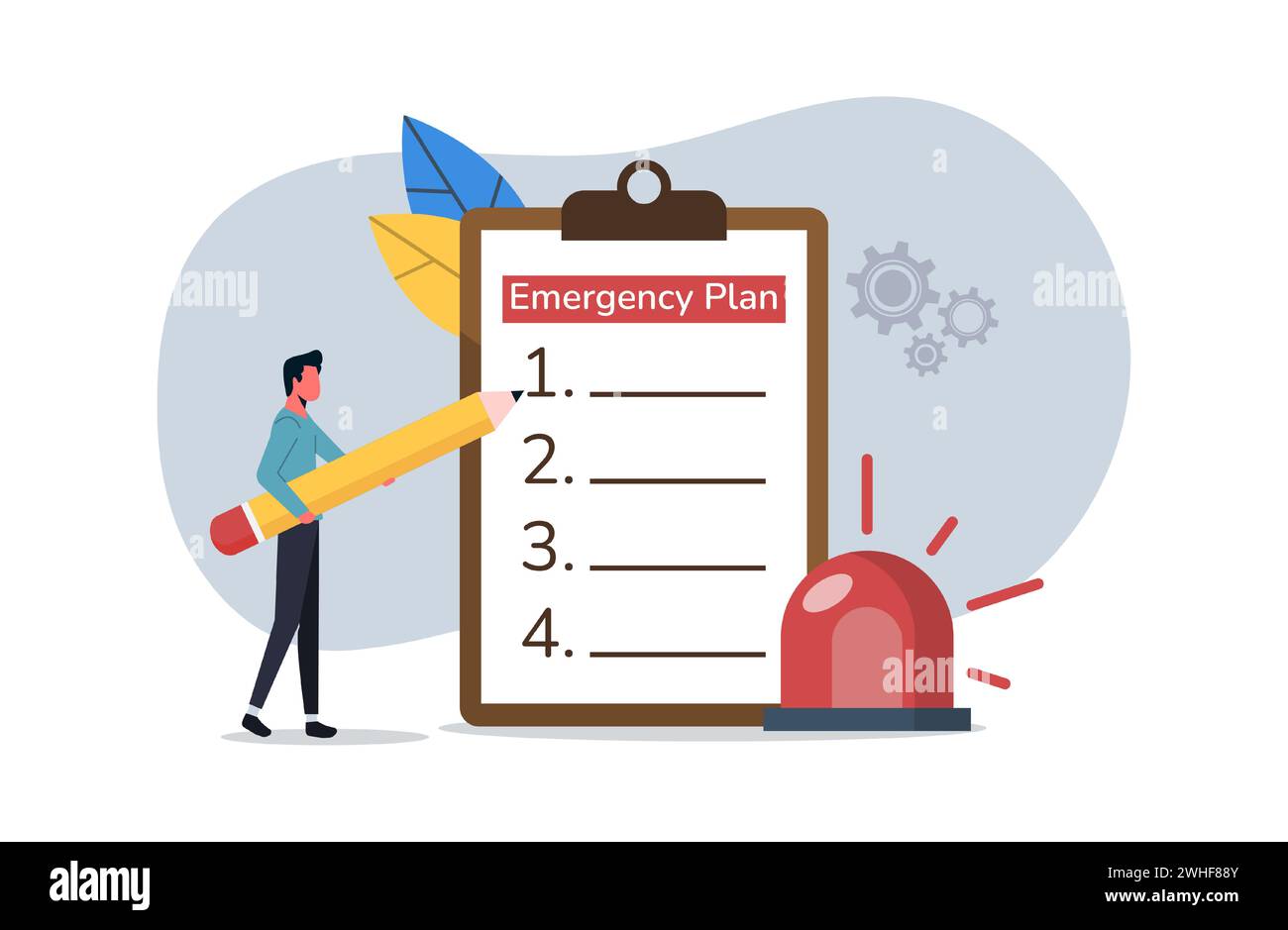 Business emergency plan, smart businessman holding pencil with paper of emergency plan and flashing siren, checklist to do when disasters happen to co Stock Vector