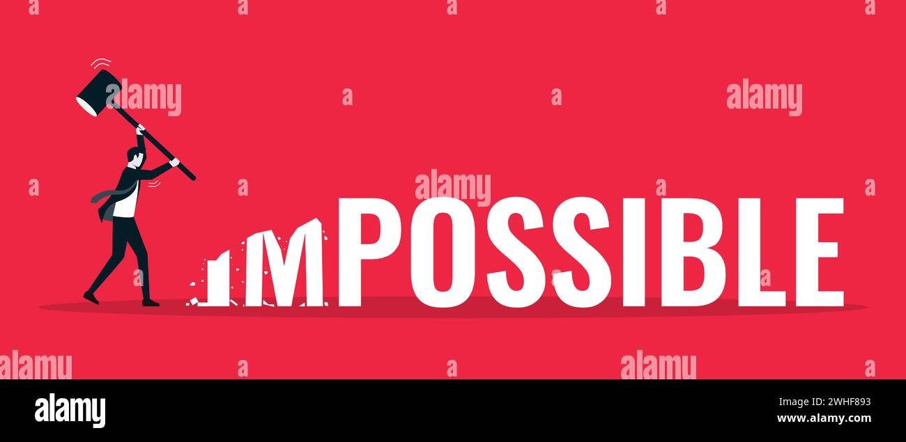 Business man smashed with a hammer to destroy impossible to possible ...