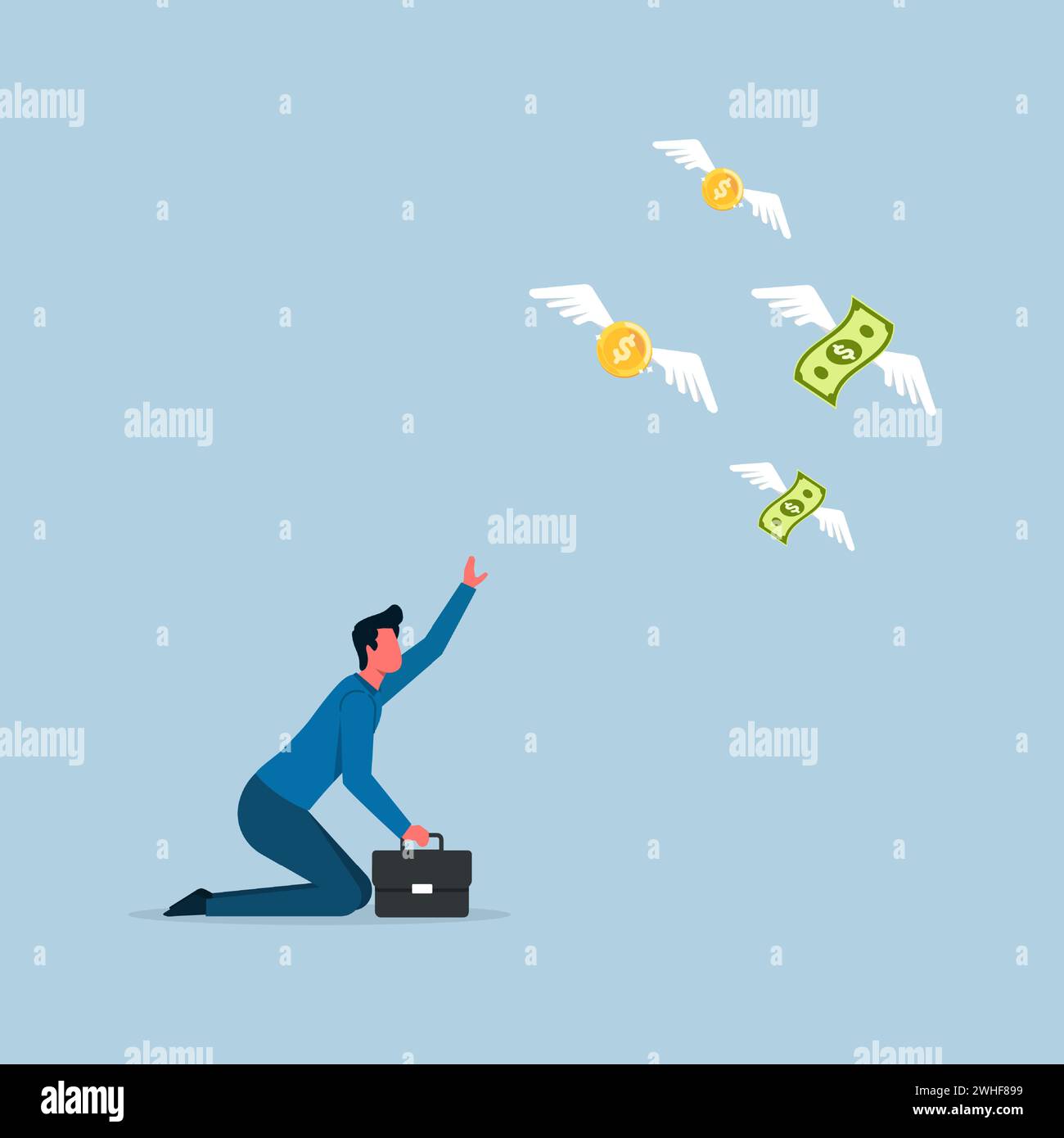 Losing money from business or bankruptcy, wrong investment or economic crisis, hopeless businessman watching his money flew away Stock Vector