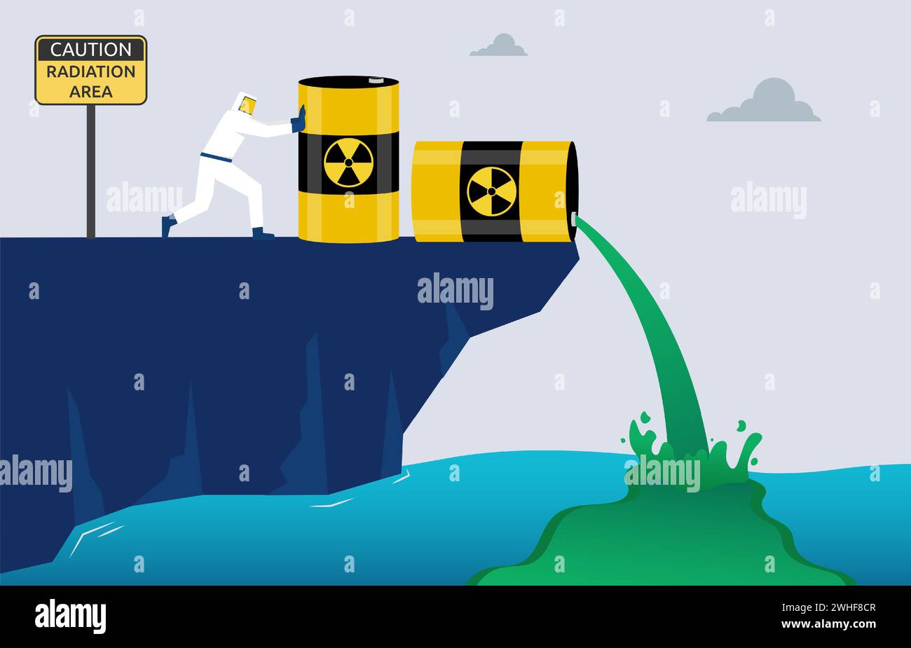 Worker dump radioactive waste into the sea, hazardous waste water pollution, global concern for human and environment health, harmful material contami Stock Vector