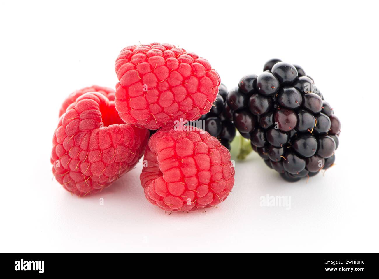 Raspberries and blackberry with mint leaf Stock Photo