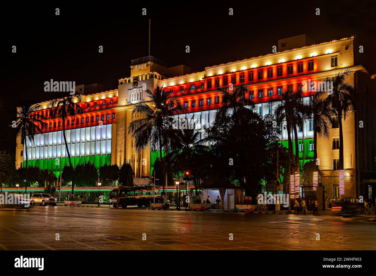 Mumbai, India-January 25th, 2024: Night image of Ministry building lit
