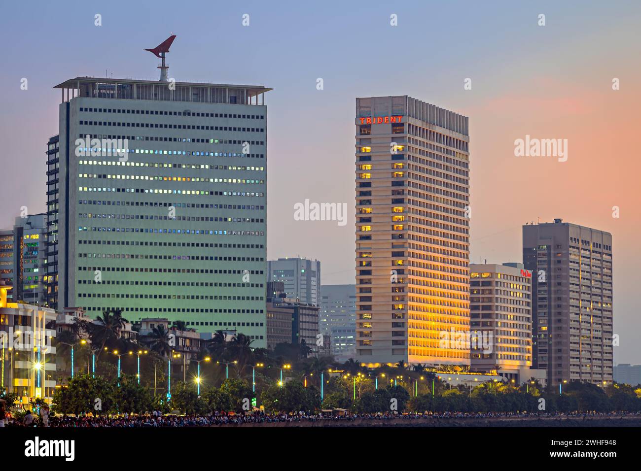 Mumbai, India-January 25th, 2024: Tall buildings along Marine drive, Mumbai during Sunset time. Stock Photo