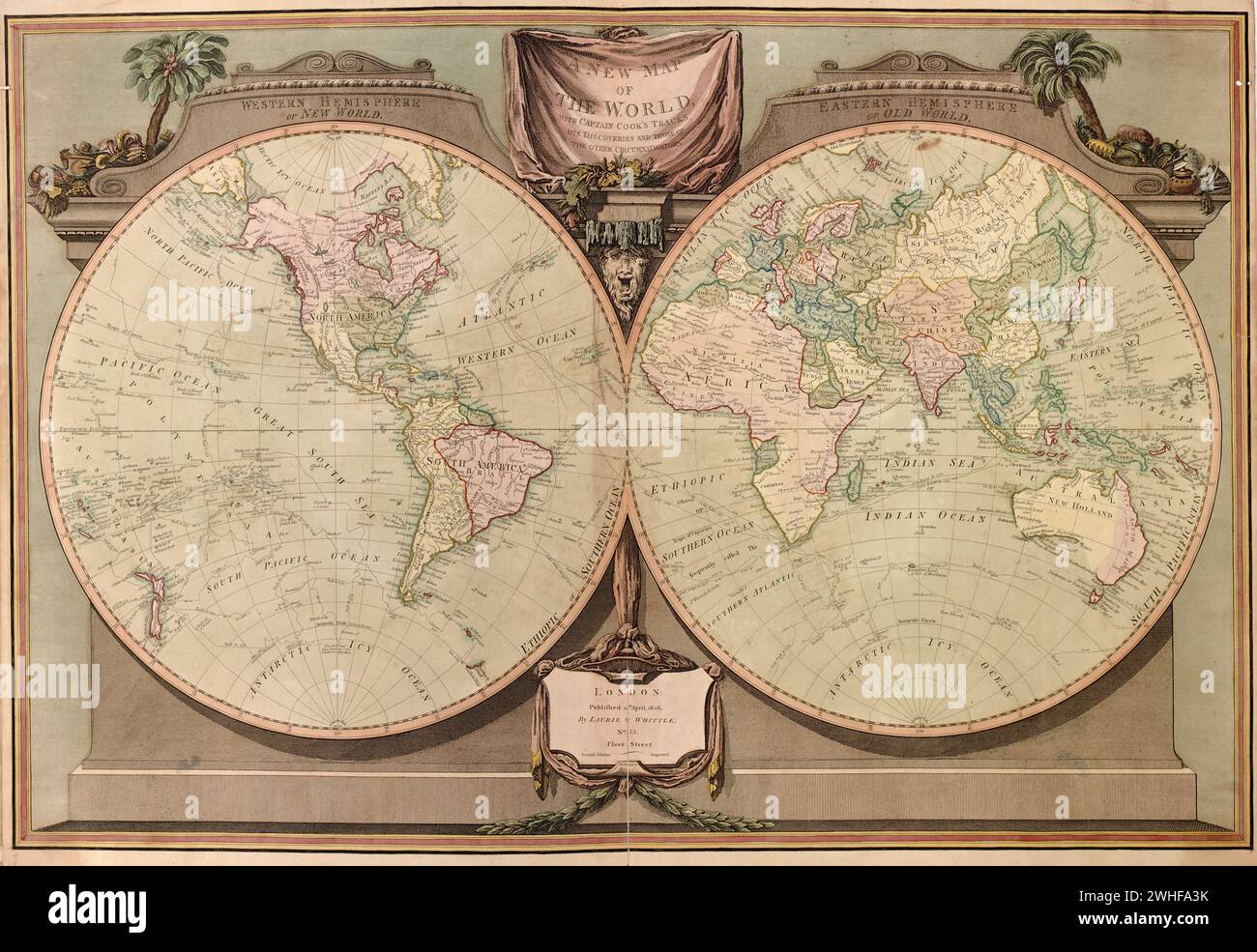 Vintage map of the world using two hemispheres  ca. 1808 Stock Photo