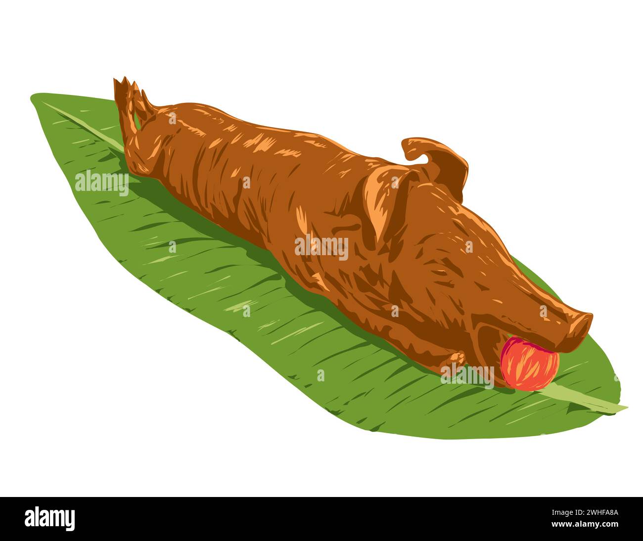 Art Deco or WPA poster art of a lechon, litson  or roasted suckling pig with apple on banana leaf done in works project administration style. Stock Photo