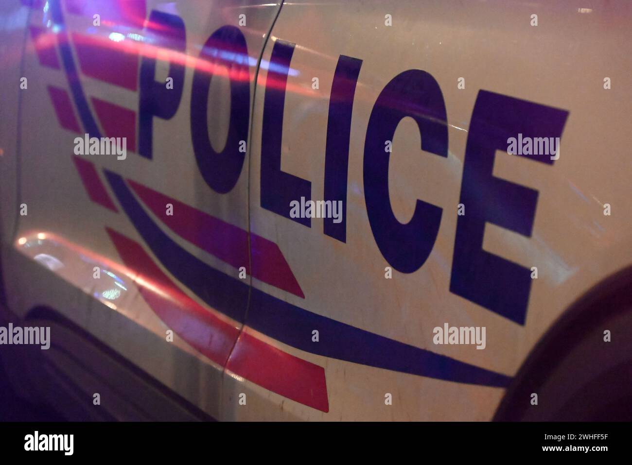 Police lettering logo on a police vehicle at the crime scene. Police ...