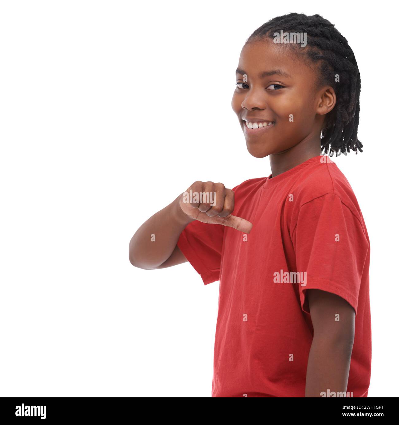 Portrait, smile and pointing with boy black child in studio isolated on white background for growth or development. Space, children and happy, cool or Stock Photo