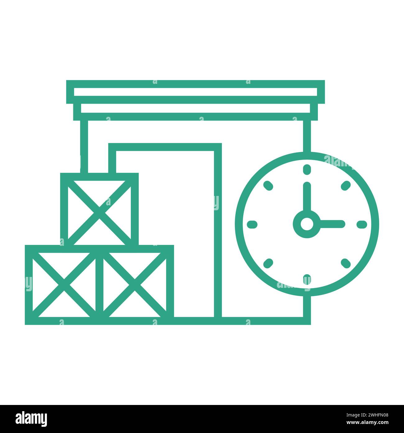 Outline small warehouse icon with clock isolated on white background. Part of supply chain. Vector illustration. Door of loading discharging terminal. Stock Vector