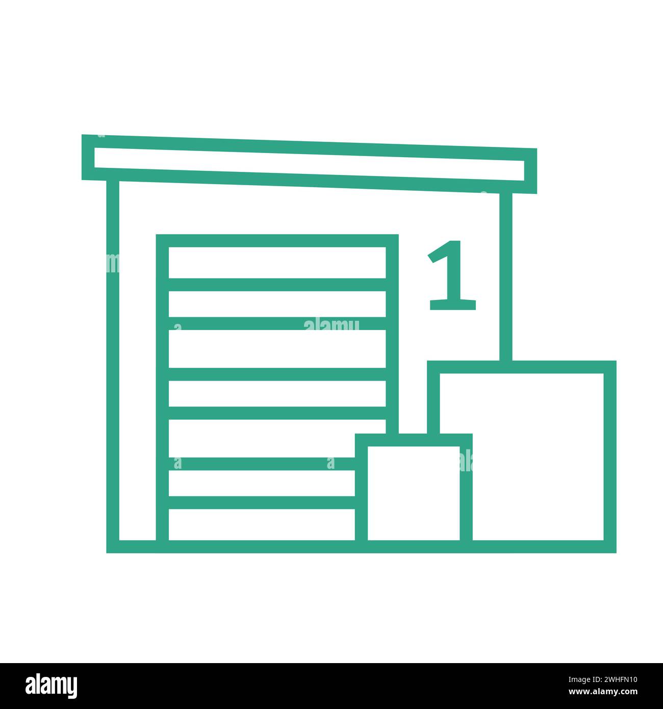 Outline small warehouse icon isolated on white background. Part of supply chain. Vector illustration. Door of loading discharging terminal. Boxes. Stock Vector