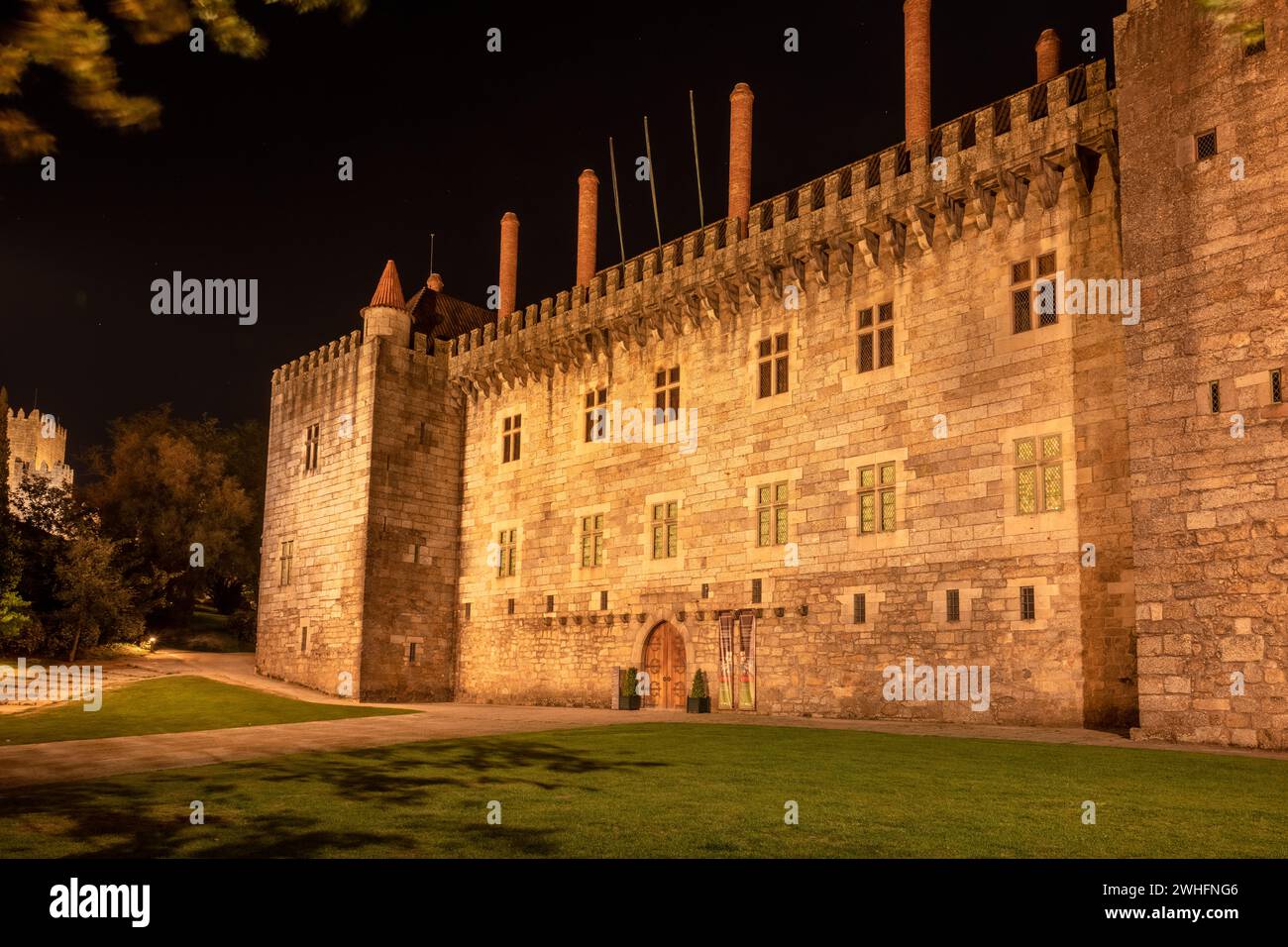 Night view of Palace of the Duques of Braganca Stock Photo