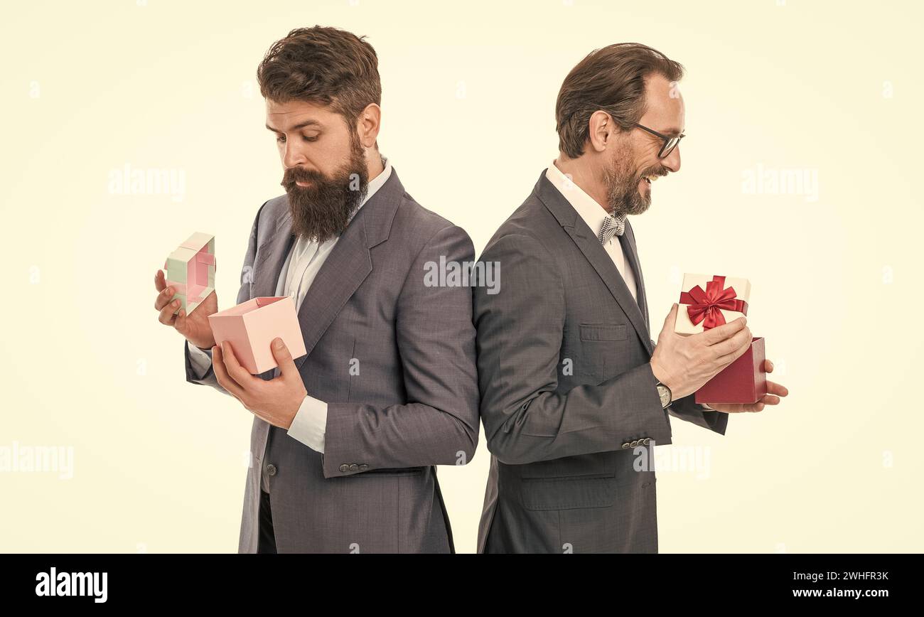 Partner Present business partners on meeting isolated on white. bearded men hold ...