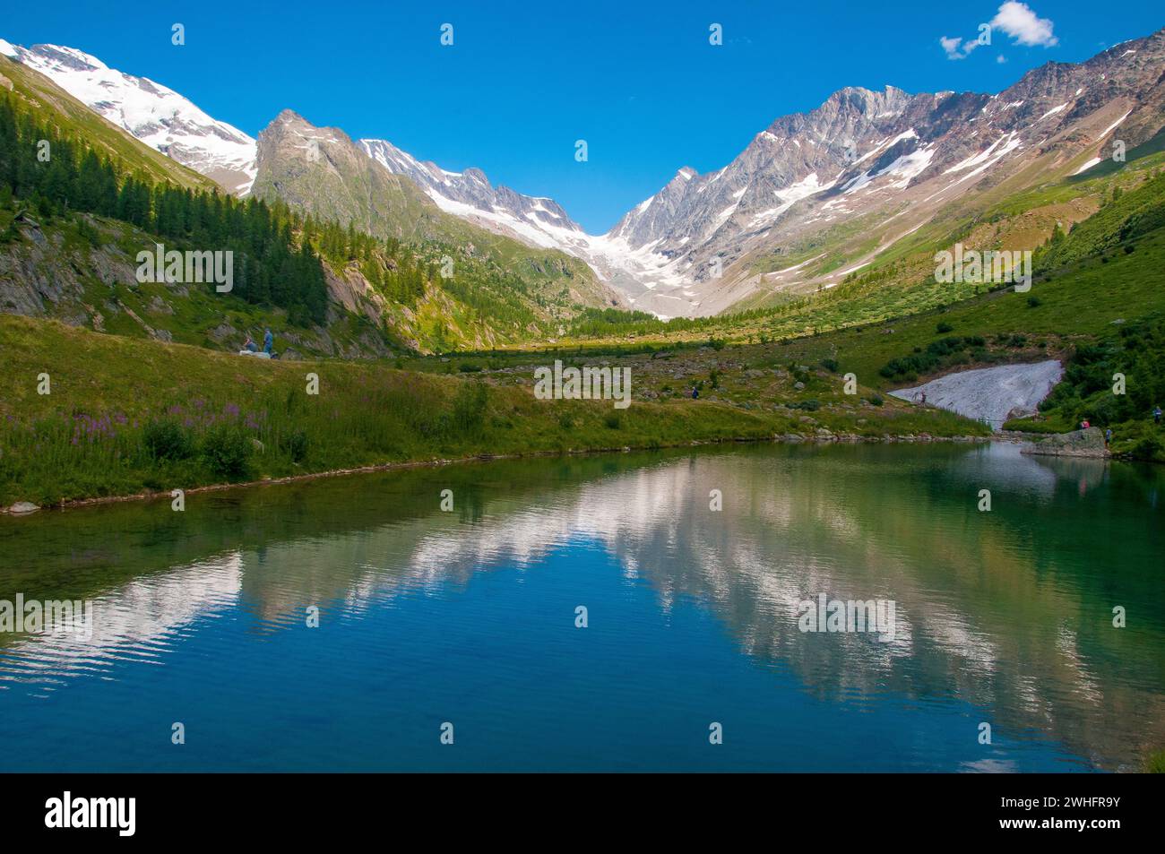 Glacial tarn or lake at Fafleralp in the Lötschental Valley, Valais (Wallis) Canton, Switzerland Stock Photo