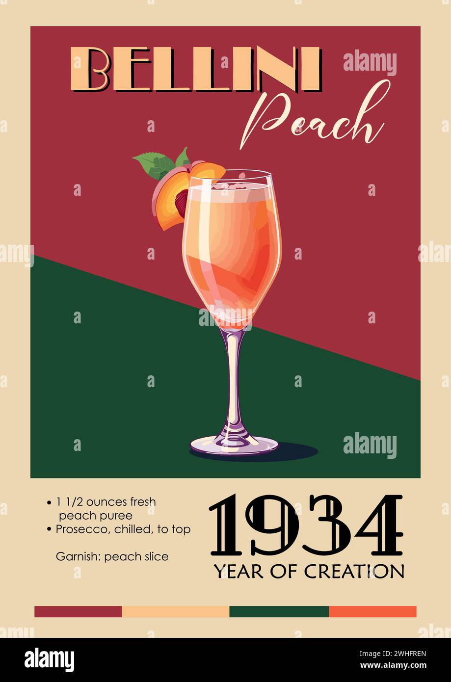 Bellini Peach Cocktail retro poster vector art. Stock Vector