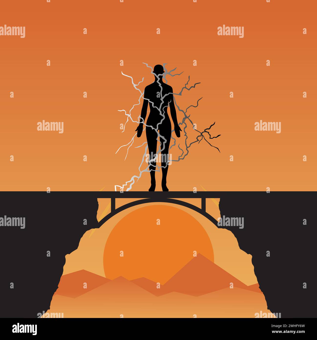 Silhouette of a man on a bridge with lightning symbol around his body Stock Vector
