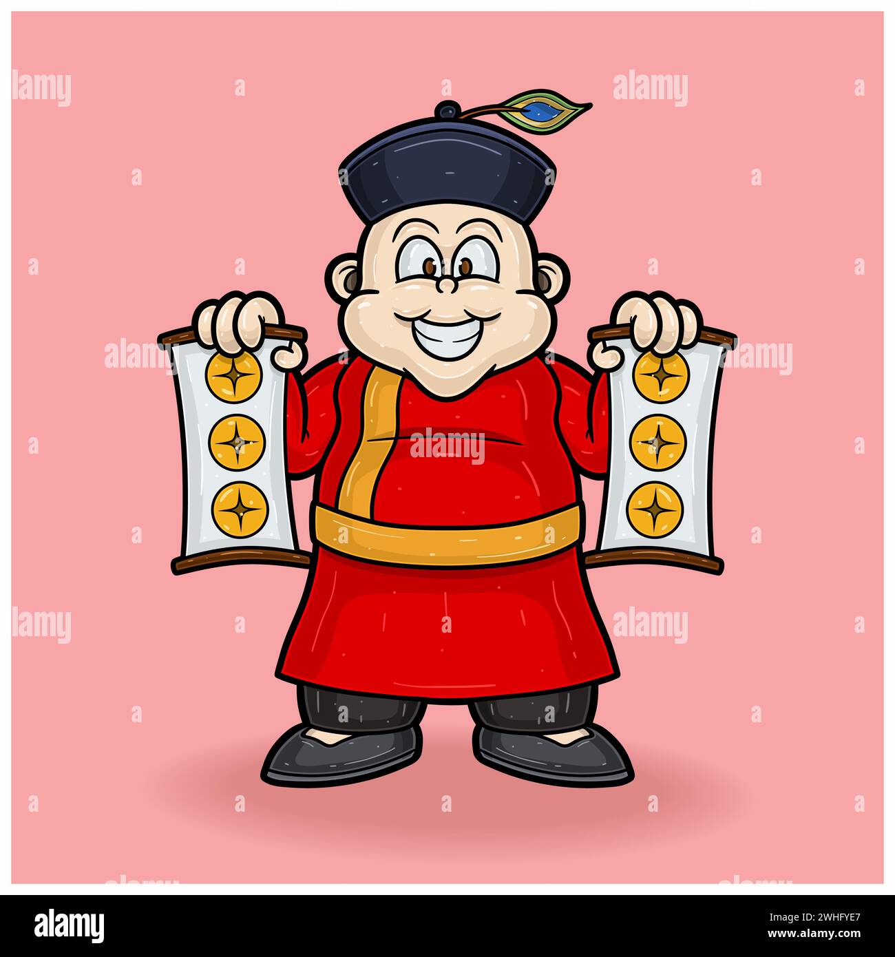 Mascot Character of Chinese Fat People With Money Symbol For New Year. Vector Illustrations. Stock Vector