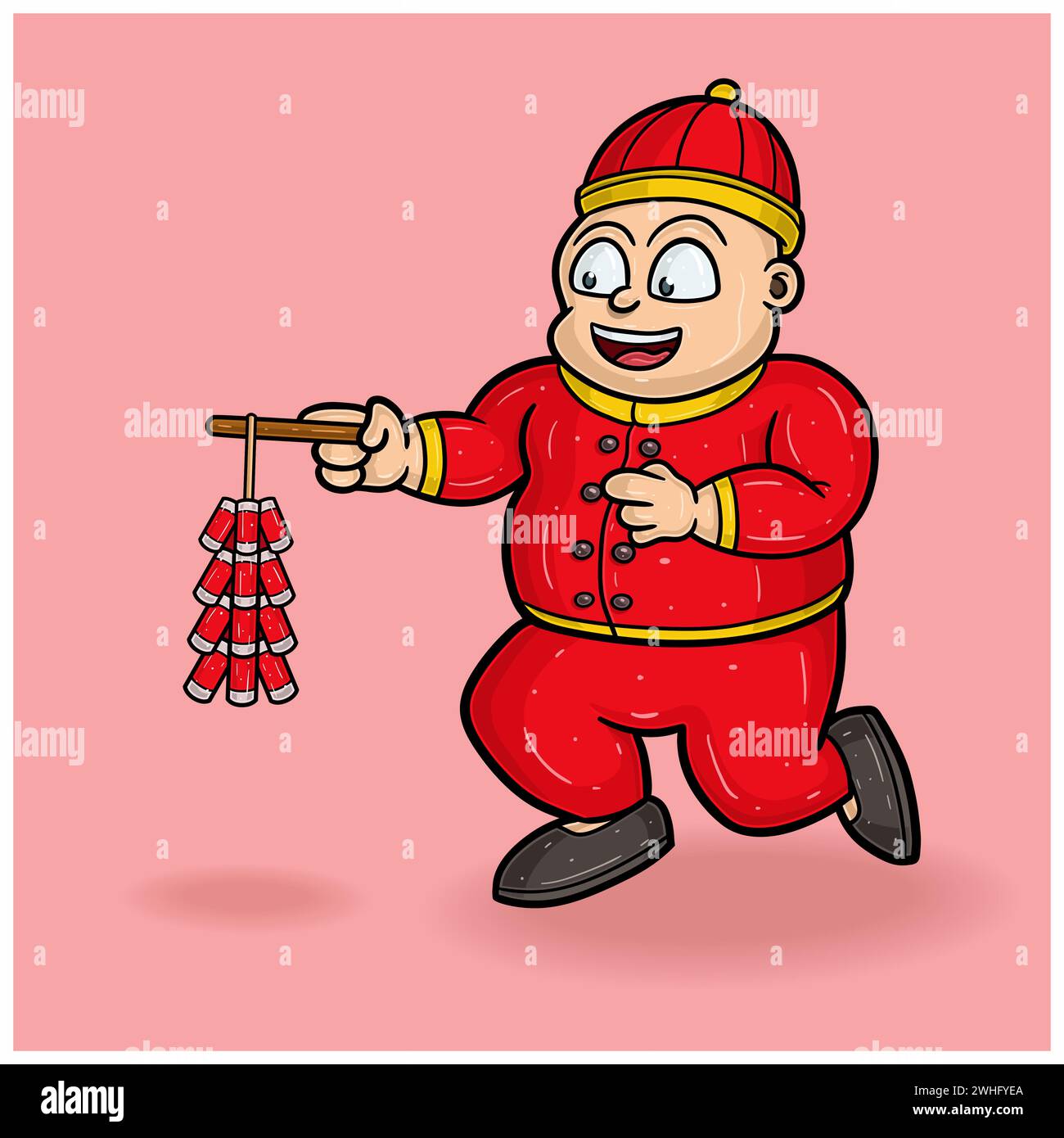 Mascot Character of Chinese Fat People With Firework For New Year. Vector Illustrations. Stock Vector