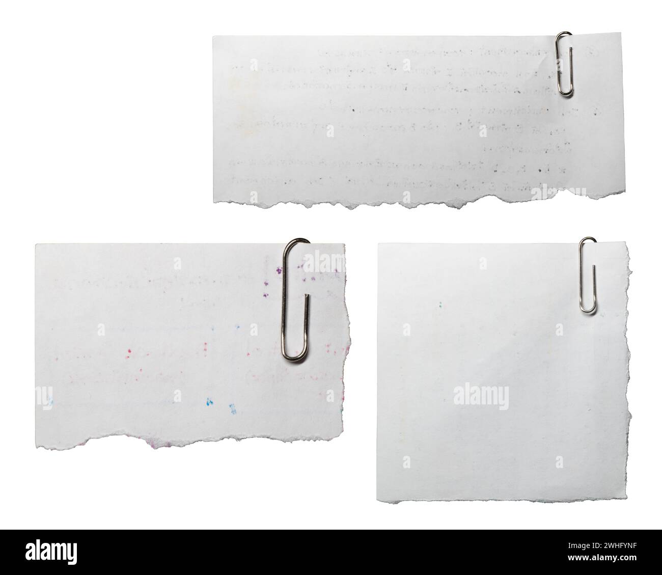 Reused note memo paper with paper clips on white background with clipping path Stock Photo