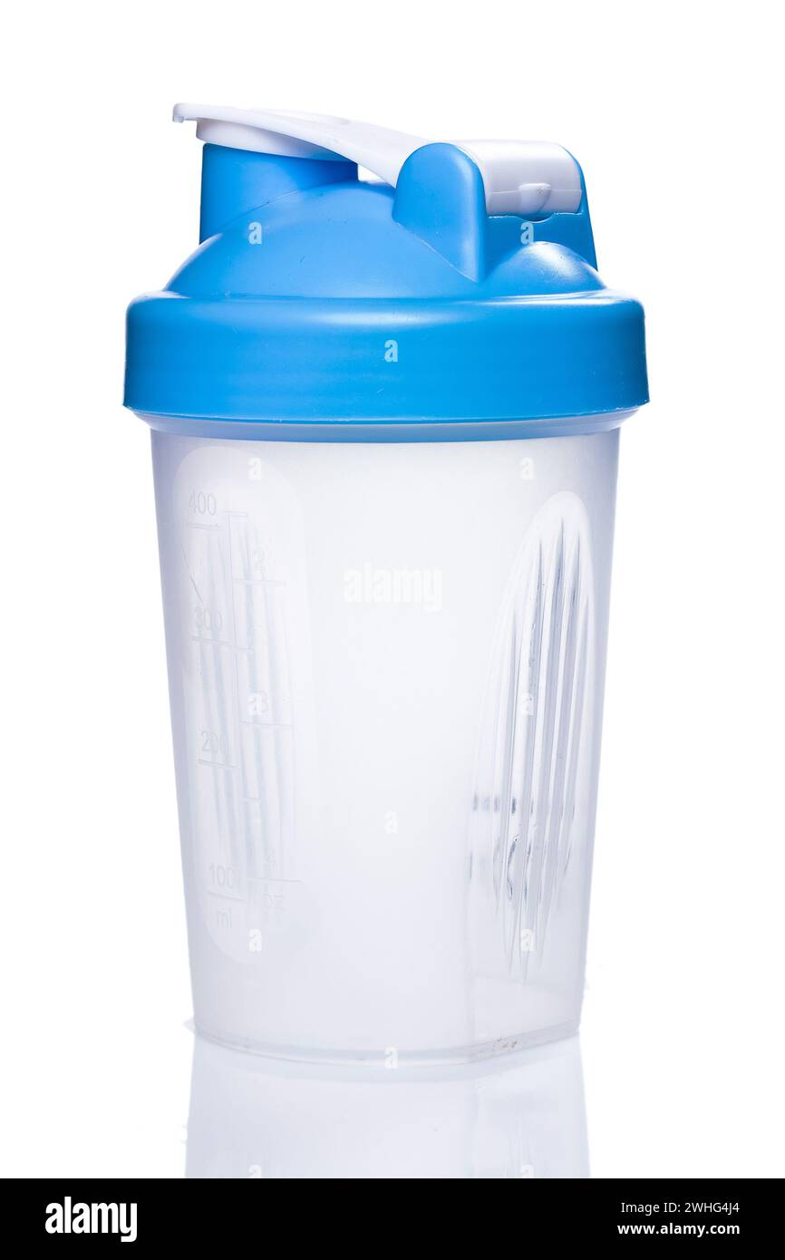 Empty protein shaker isolated on white background Stock Photo